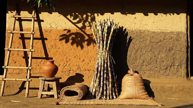 Traditional sugarcane bundle and clay pot arranged by a rustic mud wall outside an indian village home, symbolizing the vaisakhi harvest festival.