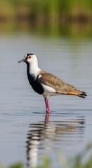 Obraz premium Southern Lapwing wading in shallow water, a serene moment.
