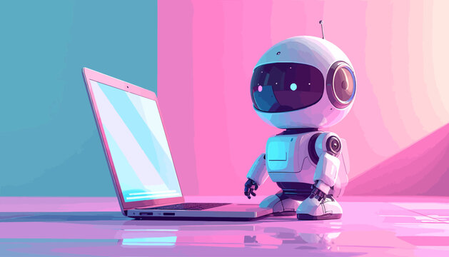 A cute white robot with a helmet and dark visor sits next to an open laptop on a pink and blue gradient background.