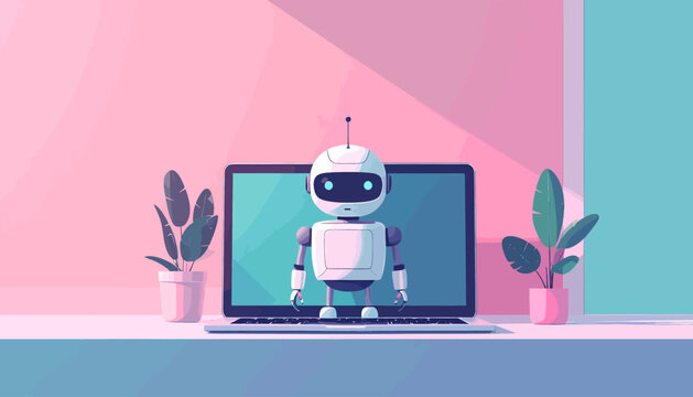 A friendly white robot with blue eyes stands on a laptop screen, flanked by two potted plants, against a pink and blue geometric background.