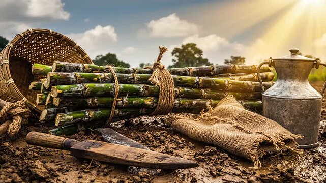 Freshly cut sugarcane stalks laid on muddy ground in a rural field with traditional farm tools a rustic basket and metal jug under a warm sunny sky.