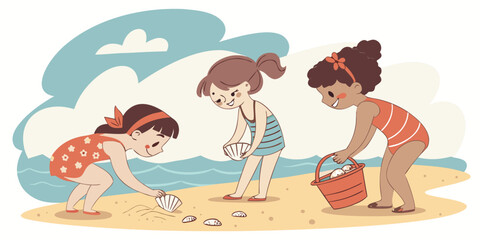 Three little girls playing on the beach with sand buckets Vector ©  MST RABEYA  BEGUM