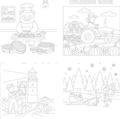 Obraz premium Diverse coloring book: panda chef, farmer tractor, lighthouse rescue, santa sleigh ride line art, santa claus, kids activity