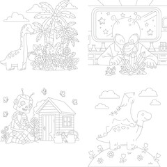 Obraz premium Nature and sci-fi coloring: jungle dinosaur, alien scientist, robot gardening, hillside dino line art, tropical plants