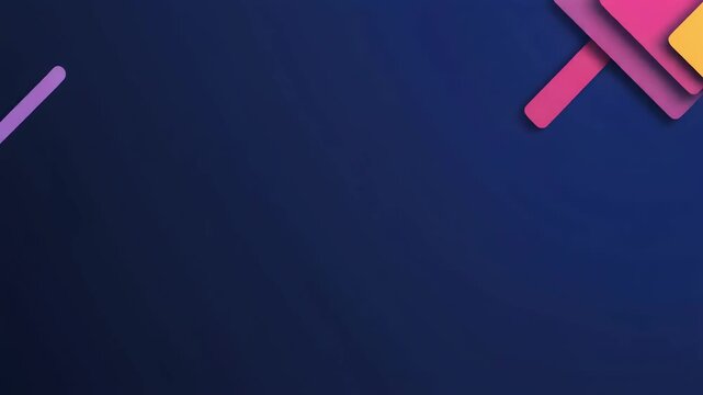 Colorful geometric shapes and rectangles in various colors on dark blue background, abstract design elements moving across screen