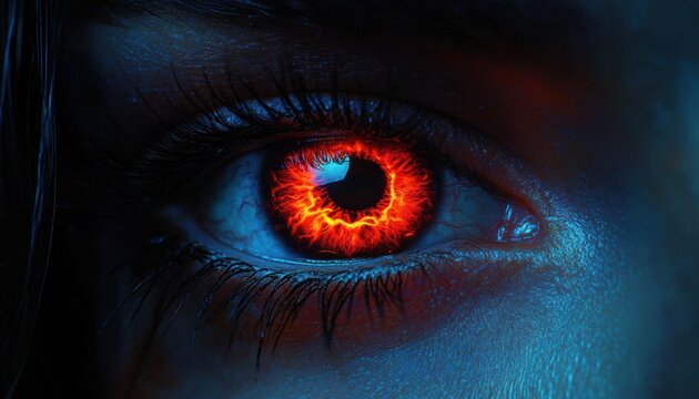 close-up of a human eye with a burning fiery red iris, cool blue skin lighting and an intense piercing gaze with glowing flame-like pattern