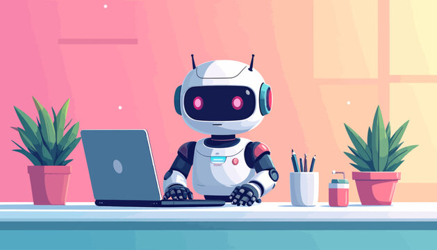 A friendly cartoon robot with glowing eyes sitting at a desk, working on a laptop, flanked by potted plants in a warm, gradient-colored office setting.