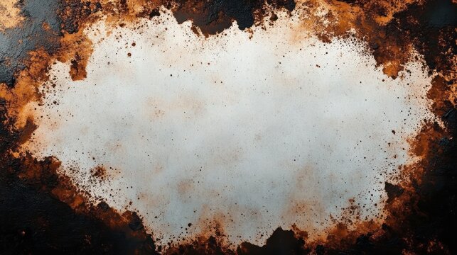 weathered rusted metal with peeling pale paint, speckled corrosion and dark burnt edges conveying gritty aged decay