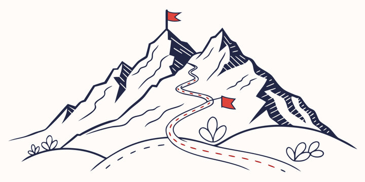 A mountain with a flag on top and a winding path Vector