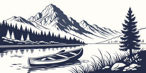 A serene lake scene with a canoe and majestic mountain Vector ©  MST RABEYA  BEGUM