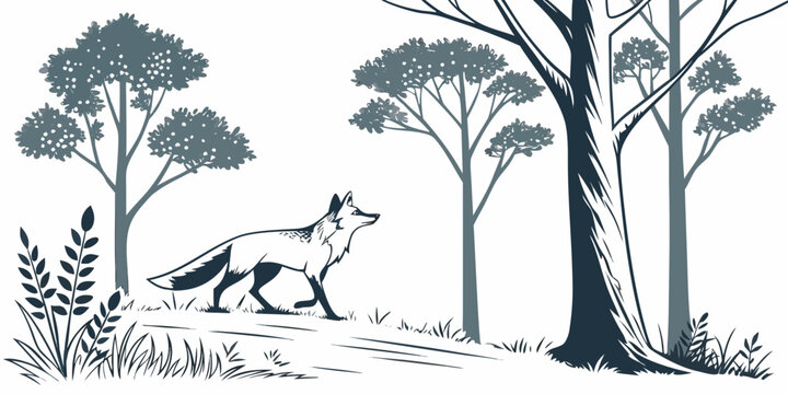 A wolf walking through a forest with trees Vector