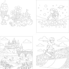 Obraz premium Fun kids outline collection: beach ice cream, astronaut moon dig, castle lake, and skater boy coloring pages, sand castle