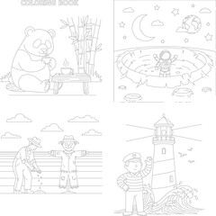 Obraz premium Whimsical coloring book page: panda, astronaut, farmer, sailor - children's activity art, line art, bamboo forest, crescent moon