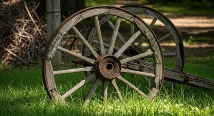Fototapeta premium Vintage Wagon Wheels on Green Grass.