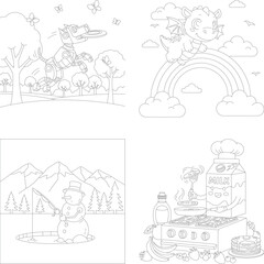 Obraz premium Adorable coloring book outline set: park dinosaurs, rainbow dragon, fishing snowman, and chef breakfast cook, fishing rod