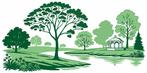 Obraz premium A serene landscape with trees and a body of water Vector