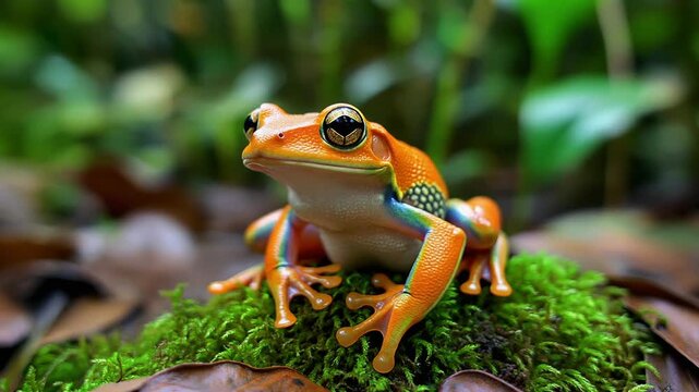 Vibrant Orange Frog on Green Moss.