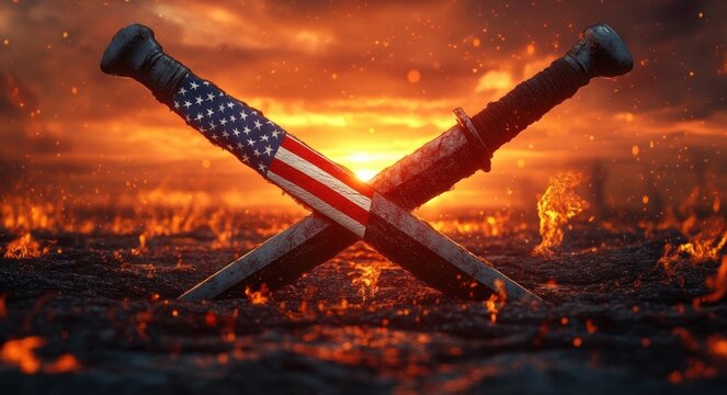 Two crossed daggers planted in scorched ground, one wrapped in an american flag, surrounded by embers and flames at a fiery sunset, dramatic and defiant