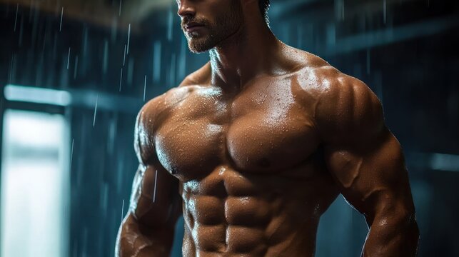 wet muscular torso of a shirtless man under falling rain, glistening sweat on defined chest, abs and shoulders conveying intense, powerful and determined mood