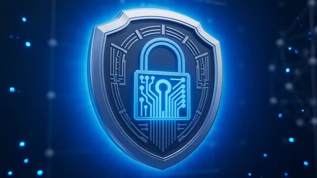 Digital security shield icon representing cybersecurity, data protection, and encryption in a high-tech environment.