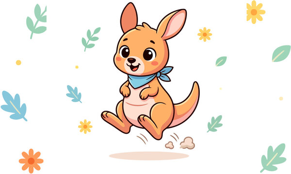 Cute baby kangaroo cartoon illustration jumping happily with floral and leaf elements. Adorable animal character design in soft pastel colors, perfect for kids design, nursery decoration