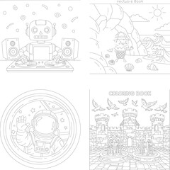 Obraz premium Creative kids coloring book set: robot dj, mermaid ocean life, astronaut in space, magical fantasy city, science fiction