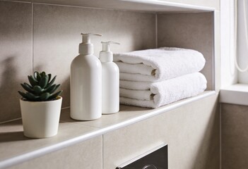 Fototapeta premium White shelf with white towels, plant and toiletries