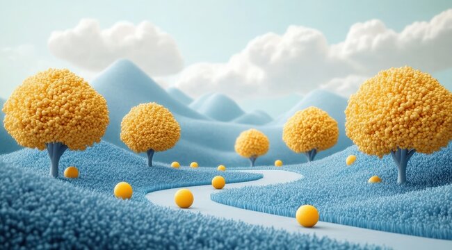 whimsical serene landscape with blue rolling hills, yellow fluffy trees and scattered yellow spheres along a winding pale river under soft clouds