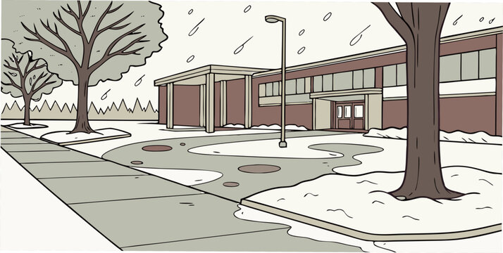 A school building on a snowy day with trees Vector