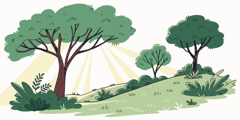 Fototapeta premium A serene landscape with trees and sun rays Vector