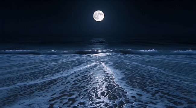 Full moon illuminates dark ocean waves washing onto a textured sandy beach at night