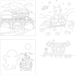 Creative coloring pages: mountain train, alien planet, halloween ghost house, and donut weightlifter outlines, coloring page