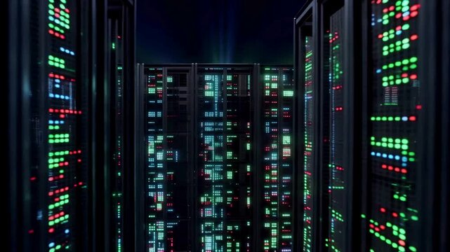 Futuristic Data Center Server Farm. A cinematic camera move through rows of high-tech servers with blinking green and red lights in a dark, high-security facility.
