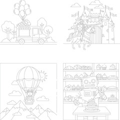 Obraz premium Diverse kids coloring pages: ice cream truck, medieval knight, hot air balloon, and bakery scene outline art, coloring page