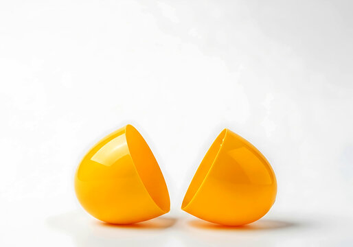Two bright yellow halves of a plastic easter egg open, revealing their smooth, hollow interiors against a clean white background.