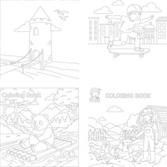 Obraz premium Charming coloring book scenes: medieval castle, skateboarding boy, panda river rafting, farmer barn animals, line art, rural life