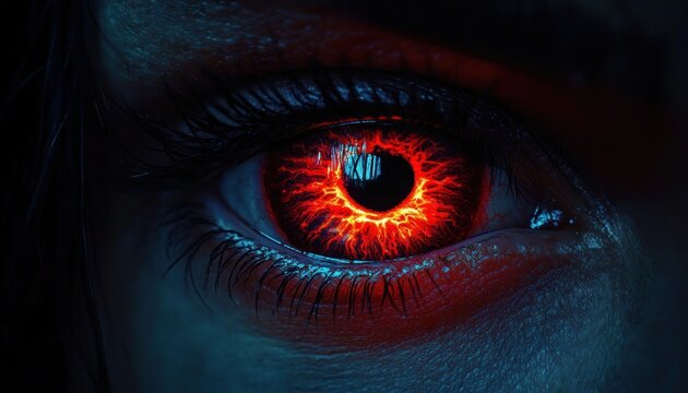 Close-up of a human eye with a glowing fiery red iris, electric vein patterns and an intense, ominous stare under cool blue lighting