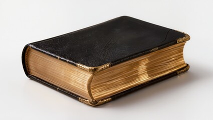 Obraz premium Stack of old antique leather books with worn covers and aged pages isolated on white background, concept of history, knowledge and vintage literature.