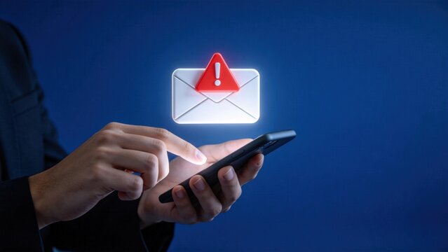 Hand using smartphone with email alert and warning icon,phishing scam and spam message concept,mobile cybersecurity awareness and online fraud risk prevention