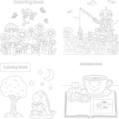 Obraz premium Whimsical coloring book pages: fairy garden, robot fishing, dinosaur reading, tea time cookies storybook, line art
