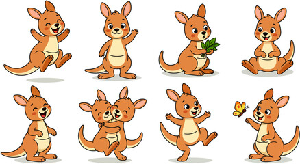 Fototapeta premium Cute pixel art kangaroo character set with different poses and expressions. Retro 8-bit style Australian animal sprite collection isolated on background. Perfect for game assets, mobile games, sticker