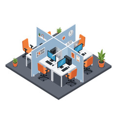 Obraz premium Isometric illustration of a modern office workspace with multiple cubicles and computers.