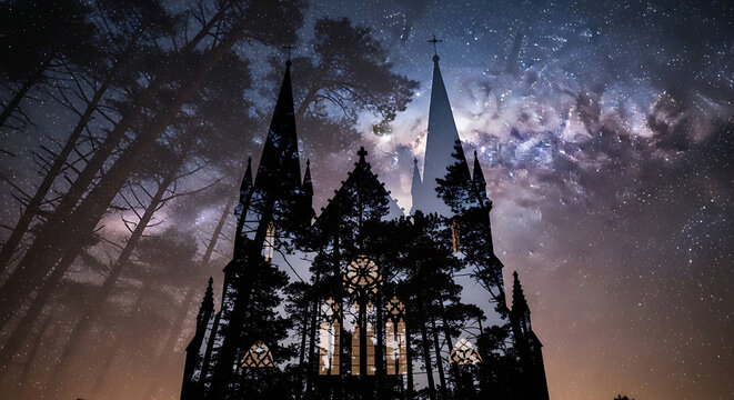 A gothic church silhouette overlaid with a dark forest and a vibrant Milky Way night sky, creating a mystical double exposure.