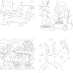 Fototapeta premium Coloring book fun pages with skateboard ramp, panda chef, farmer train, and alien moon landing, outline art, kids activity