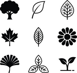 Nature leaf and tree icons set isolated on white background, eco environment symbol collection, botanical plant silhouette vector illustration