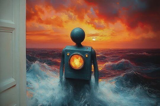 A robot figure with a glowing core standing in turbulent ocean waves facing a dramatic fiery sunset sky, viewed from an open doorway