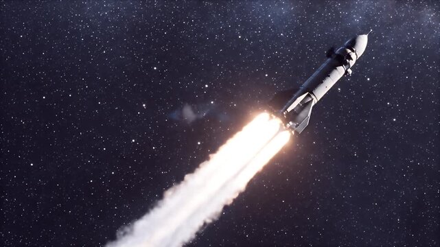 Ultra wide CGI shot of a powerful rocket ascending at night with bright engines glowing against a star-filled sky conveying space exploration and ambition