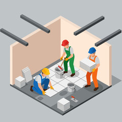Isometric view of construction workers laying tiles in a room with tools and materials. © Naur