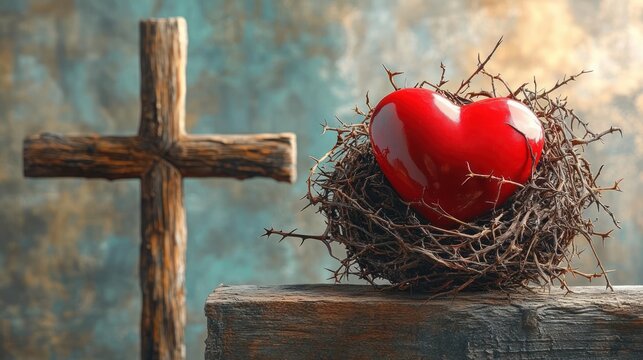 glossy red heart cradled in a crown of thorns nest beside a rustic wooden cross, evoking solemn devotion, sacrifice and quiet hope