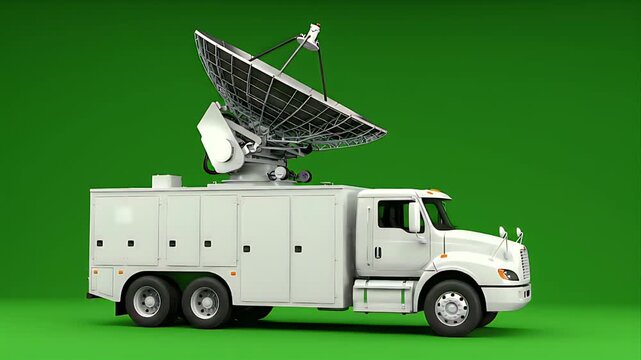 White Satellite Communication Truck with Large Dish Antenna on Green Screen Background for Broadcasting and Telecommunications Concepts